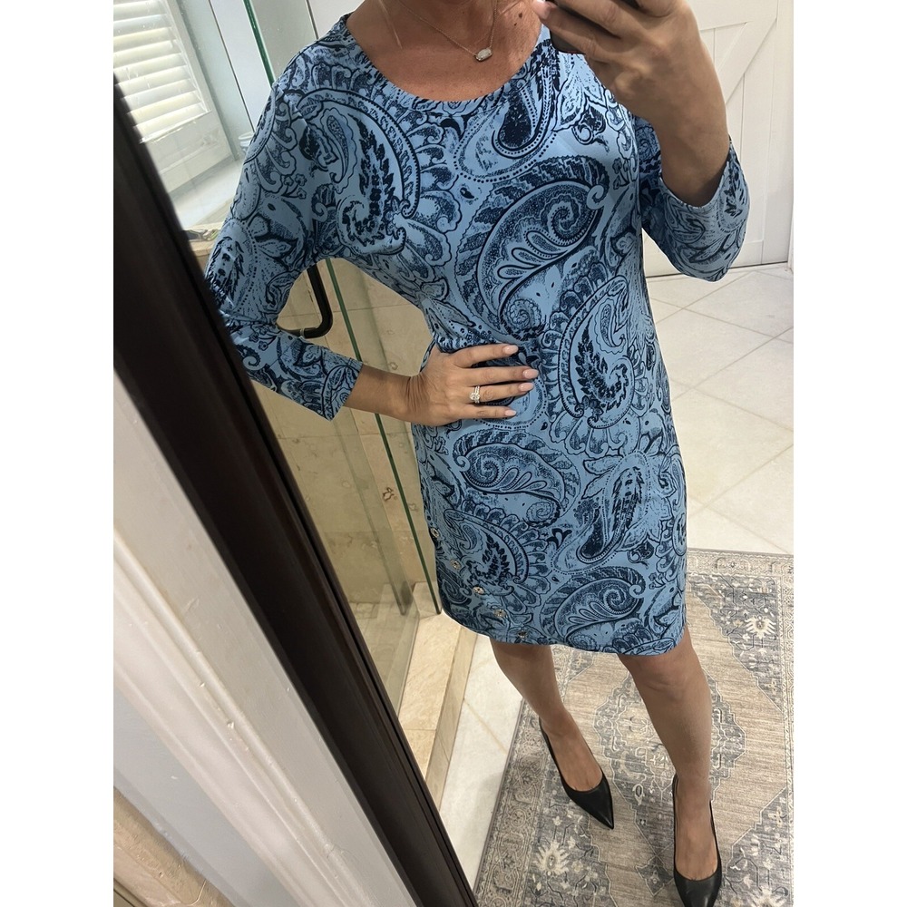 Michael Kors Jersey Silver Button Paisley Shift Dress Blue Size M MSRP $125